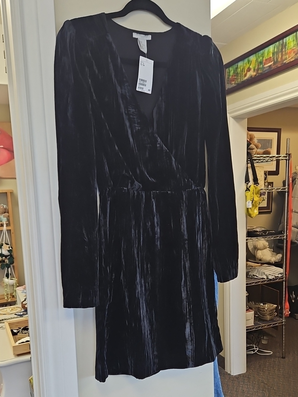NWT H&M Black Velvet Long-Sleeve Wrap Dress Sz 8 Ptp 18 L35